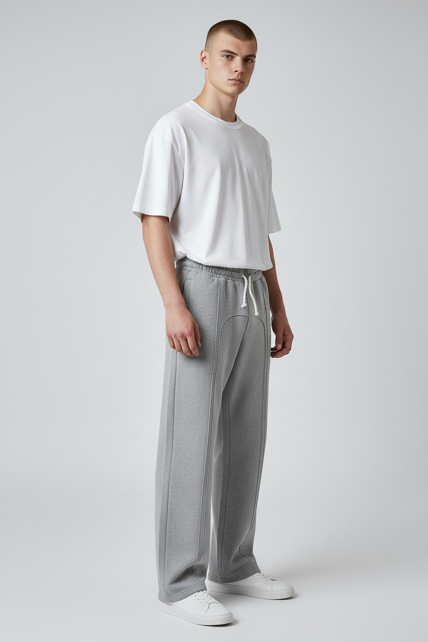 Lumnco grey stretch-woven sweatpants with a tapered silhouette and white rope drawcord.